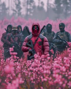 well framed photography, zoomed in, deadpool stands with a crew of gang members,...
