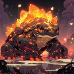 Frog moster with lava skin, gold and dimond on the land, sight lighting --upbeta...