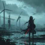 80s desktop background of an anime girl in a dark fantasy world, standing on the...