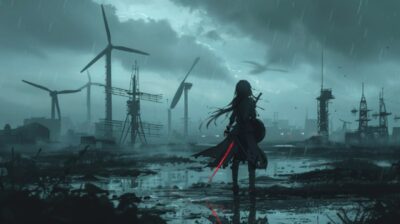 80s desktop background of an anime girl in a dark fantasy world, standing on the...