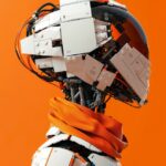 Head and shoulder view of a very sleek cyberpunk robot in shade of orange and wh...