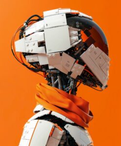 Head and shoulder view of a very sleek cyberpunk robot in shade of orange and wh...
