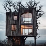 a dead twig house, Inspired by leafless forest, raw timber, convoluted spaces, d...