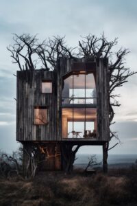 a dead twig house, Inspired by leafless forest, raw timber, convoluted spaces, d...
