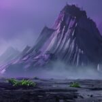 digital concept art with brush strokes, fractured black mountain in the middle o...