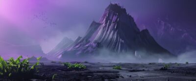 digital concept art with brush strokes, fractured black mountain in the middle o...
