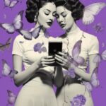 Collage art of twin women with phone, lavender background and butterfly --v 5.2 ...