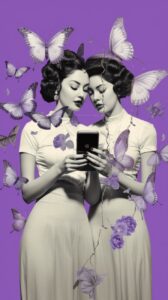 Collage art of twin women with phone, lavender background and butterfly --v 5.2 ...