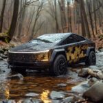 a Tesla Cybertruck covered in snake skin, coming out of a river, realist photo, ...