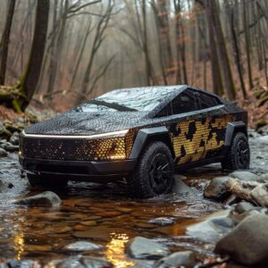 a Tesla Cybertruck covered in snake skin, coming out of a river, realist photo, ...