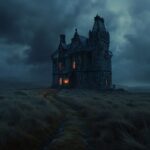 photo of a spooky thin and tall mansion standing alone on a moor, field, Scotlan...