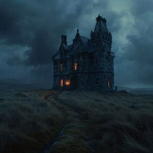 photo of a spooky thin and tall mansion standing alone on a moor, field, Scotlan...