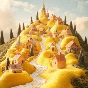 Create a cinematic fairytale-style photo project showcasing an entire city made ...