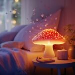 A tranquil bedroom setting with an Amanita Muscaria mushroom glowing gently on t...