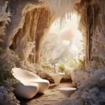Biomimicry sea white cliff cave house interior boho luminescence garden atmosphe...
