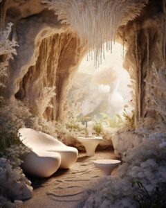 Biomimicry sea white cliff cave house interior boho luminescence garden atmosphe...