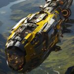 Chris Foss spaceship travelling over a cliff to a background spaceport view of a...