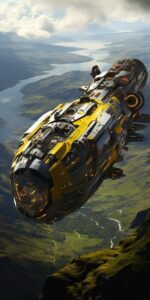Chris Foss spaceship travelling over a cliff to a background spaceport view of a...