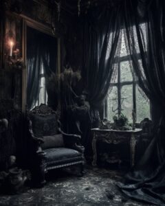 Award winning photography, black gothic hygge interior, dream, surreal, psychede...