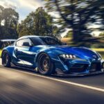 front side view of Toyota JDM with wide body kit, 22-inch wide-body wheels, blue...