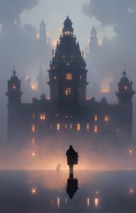 painting of old blackben with fog over the water, in the style of school of lond...