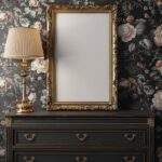 ultra realistic vertical picture frame mockup standing on a Vintage Dresser, acc...