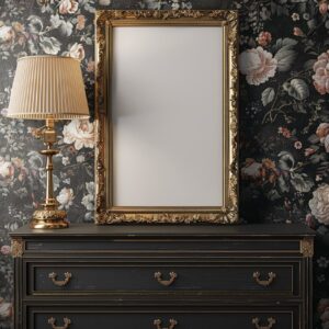 ultra realistic vertical picture frame mockup standing on a Vintage Dresser, acc...