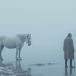 A man is looking for some snow around a white horse, in the style of moody and e...