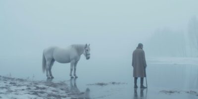 A man is looking for some snow around a white horse, in the style of moody and e...