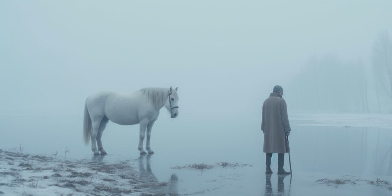 DrYaAp6CwbBgg1m28T4fRd8GBA07GJGY3fHOFX5T8OTbJtm4OpdLvOR2WoR47MbunVg3SRcsG9aUN_FPhmNivSesx-oyAMQMBuyx.jpeg A man is looking for some snow around a white horse, in the style of moody and e...