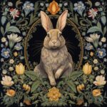 An ornate William Morris tapestry of a grey rabbit on a black velvet background ...