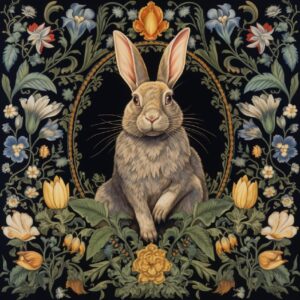 An ornate William Morris tapestry of a grey rabbit on a black velvet background ...