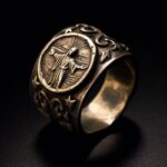 rings1*/A silver ring with a small silver symbol, in the style of madonna and ch...