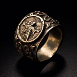 rings1*/A silver ring with a small silver symbol, in the style of madonna and ch...