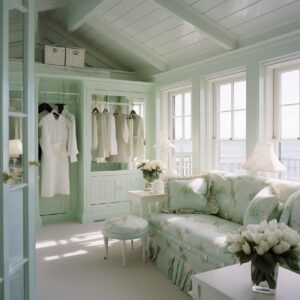 Lady's dressing room in seaside house, decorated in white, pastel green, blue, i...