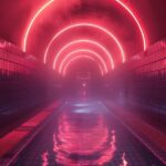 a 1980s fully tiled pool tunnel with fog and neon light, Hyper-realistic, Medium...