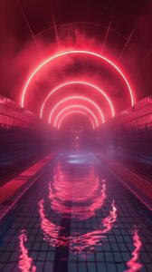 a 1980s fully tiled pool tunnel with fog and neon light, Hyper-realistic, Medium...