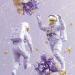 gem solar-system from light purple space with lovers astronauts, stars ,golden ,...