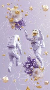 gem solar-system from light purple space with lovers astronauts, stars ,golden ,...