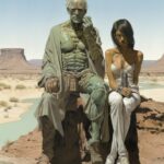 An illustration by Moebius, desert landscape, full body shot of Charlton Heston ...