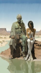 An illustration by Moebius, desert landscape, full body shot of Charlton Heston ...