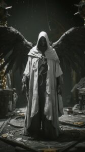 goth man with wings wearing a robe, in the style of unreal engine 5 --ar 9:16 --...