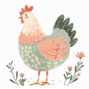 A cute chicken clipart, organic forms, in the style of Lucy Cousins, desaturated...