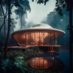 A wood and glass room with a modern jellyfish inspired living room that is locat...