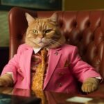 a fat orange tabby cat as an office accountant, 80’s shiny pink and silver spand...