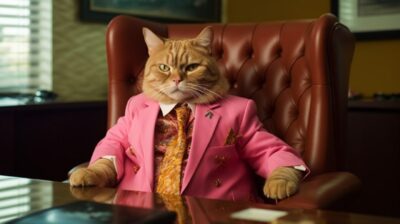 a fat orange tabby cat as an office accountant, 80’s shiny pink and silver spand...