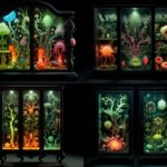 fluorescent cabinet of natural curiosities, psychedelic illustrations by albertu...