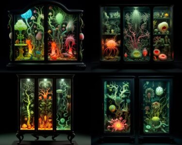 fluorescent cabinet of natural curiosities, psychedelic illustrations by albertu...