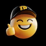 3d rendering of an emoji in a cap smiling and and giving a thumbs up, black back...