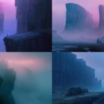 a wide rider with two cliffs beside it. include dystopian architecture. Cinemati...